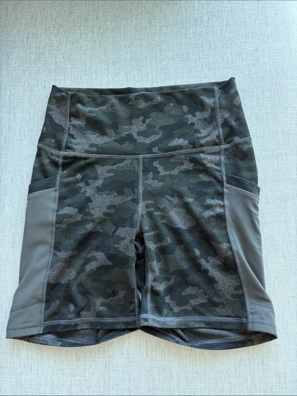 Fabletics Gray Camo High-Waist Bike Shorts with Side Panels